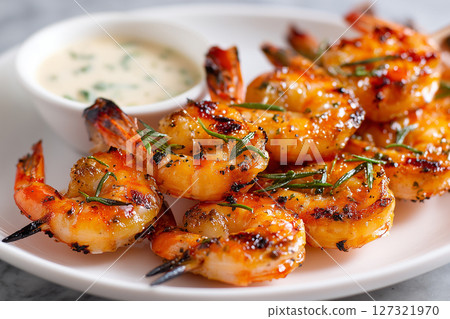 Fine dine of grilled prawns with vegetables. Seafood concept Fine dine of grilled prawns with vegetables. Seafood concept 127321970