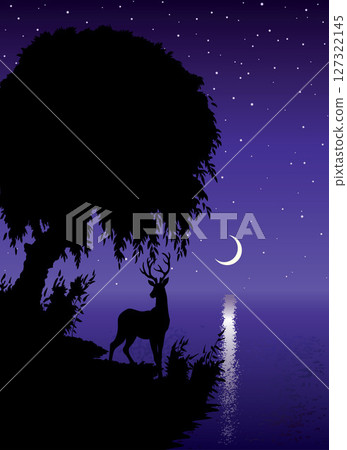 Vector drawing. Deer at the lake 127322145