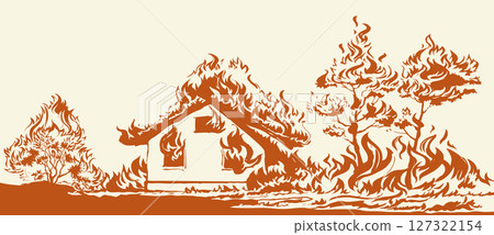 Vector drawing. Burning house and trees 127322154