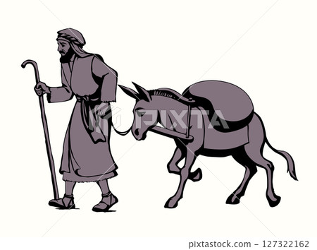 Vector drawing. Donkey loaded with cargo Vector drawing. Donkey loaded with cargo 127322162