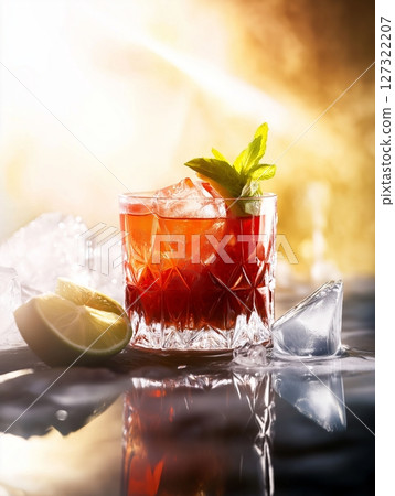 Berry cocktail with mint, lime, and ice cubes on a blurred moody background, fresh and vibrant. Berry cocktail with mint, lime, and ice cubes on a blurred moody background, fresh and vibrant. 127322207