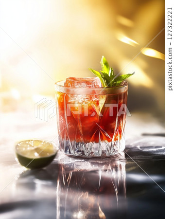Cocktail with syrup, ice cubes, lime, and mint on vibrant blurred background, fresh and colorful look. Cocktail with syrup, ice cubes, lime, and mint on vibrant blurred background, fresh and colorful look. 127322221
