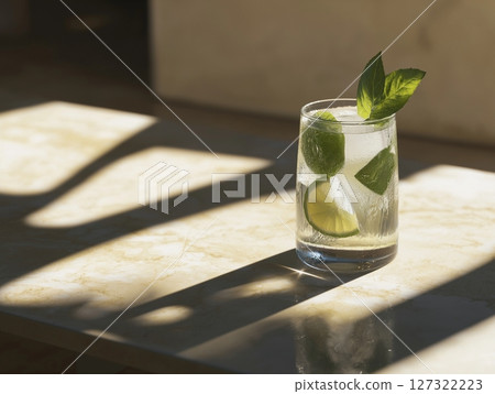 Refreshing cocktail in glass with mint and lime on neutral background with plant shadows. Refreshing cocktail in glass with mint and lime on neutral background with plant shadows. 127322223