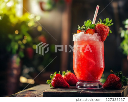Berry cocktail with lime and straw in a tall glass on a dark moody background, stylish and refreshing. 127322237