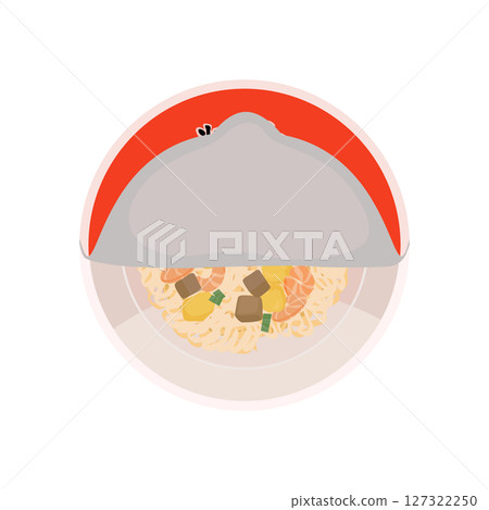 Illustration of an opened cup of soy sauce flavored instant noodles Illustration of an opened cup of soy sauce flavored instant noodles 127322250
