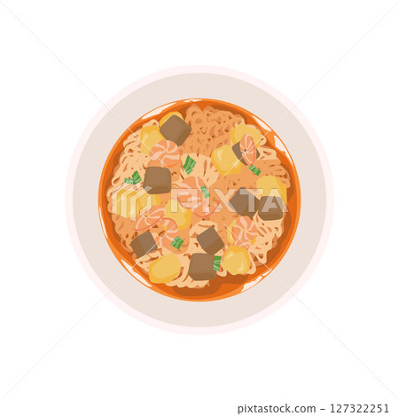 Illustration of soy sauce flavored instant noodles poured with hot water 127322251