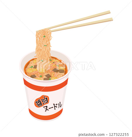 Illustration of eating soy sauce flavored instant noodles with chopsticks 127322255