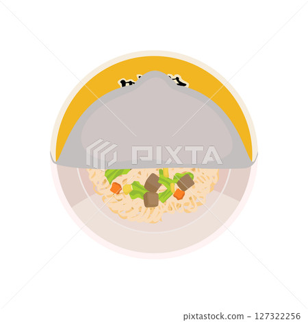 Illustration of opening the lid of a miso-flavored cup noodle 127322256
