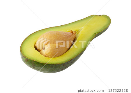 Choquette avocado is a long, green-skinned variety. Smooth Skin, glossy green, Flesh Yellow, and soft, isolated on a white background 127322328