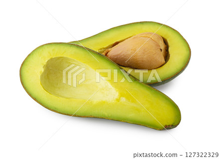 Choquette avocado is a long, green-skinned variety. Smooth Skin, glossy green, Flesh Yellow, and soft, isolated on a white background 127322329