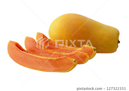 Ripe Holland papaya with smooth orange skin and vibrant flesh, isolated on a white background 127322331