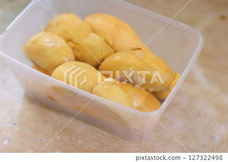 Durian in a storage container Tropical fruit Durian in a storage container Tropical fruit 127322498