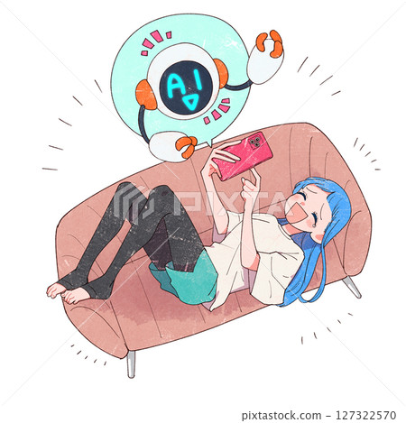 一個女孩和人工智慧說話並大笑 127322570