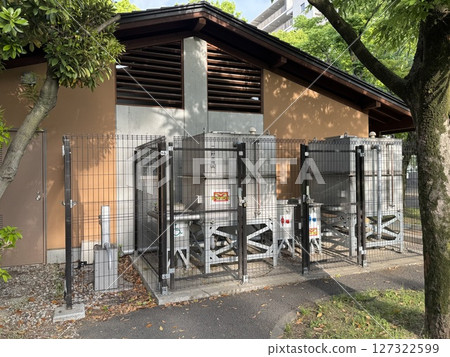 Emergency tank for disaster preparedness toilet in a park in Tokyo Emergency tank for disaster preparedness toilet in a park in Tokyo 127322599