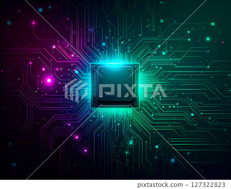 粉紅色和紫色燈光下的未來主義主機板的特寫 127322823