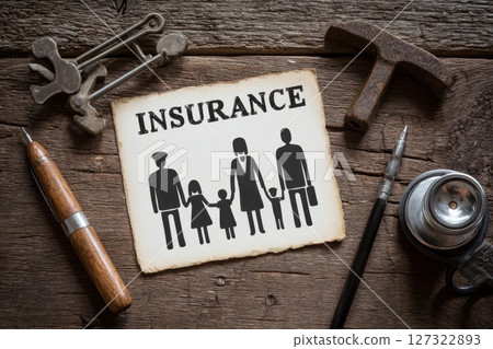 Family Representation and Insurance Concept with Vintage Tools on Wooden Background Family Representation and Insurance Concept with Vintage Tools on Wooden Background 127322893