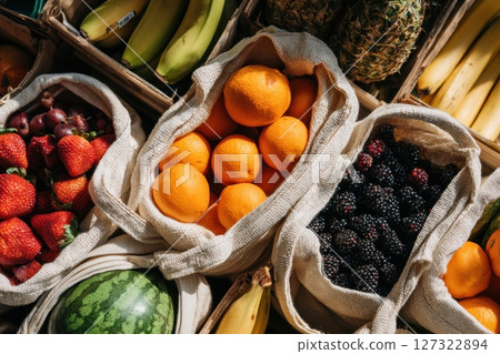 Overhead View of Vivid Fruits in Reusable Fabric Bags at a Market Display Overhead View of Vivid Fruits in Reusable Fabric Bags at a Market Display 127322894