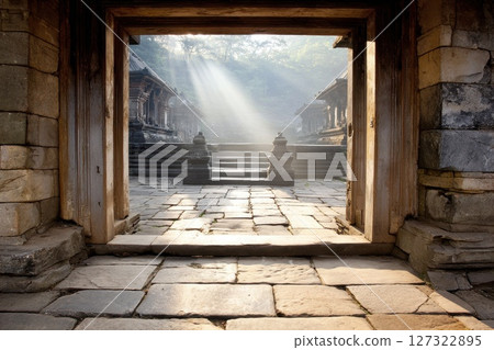 Majestic Temple Entrance Framed by Soft Light and Dramatic Shadows in a Serene Environment Majestic Temple Entrance Framed by Soft Light and Dramatic Shadows in a Serene Environment 127322895