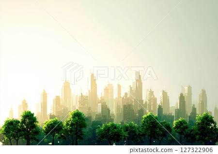 Seamless Frame of City Skyline Surrounded by Lush Trees in Soft Morning Light 127322906