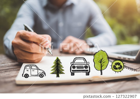 Person Signing Document with Digital Sketches of Nature and Vehicles on a Wooden Desk 127322907