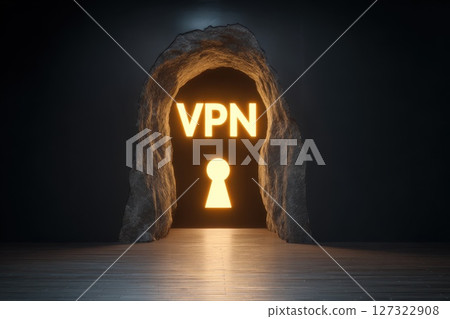 A cave entrance with a keyhole and the word VPN written on it 127322908