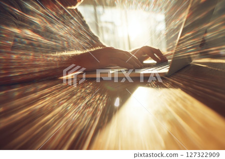 Man Using Laptop with Lens Flare in a Bright and Spacious Room with Wide Angle View 127322909