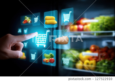 Interactive Smart Refrigerator Interface Showing Grocery List and Selection Options for Users 127322910