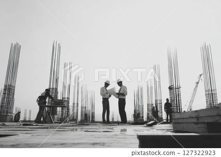 High Contrast Backlit Photo of Two Professionals on Construction Site with Workers in Background 127322923