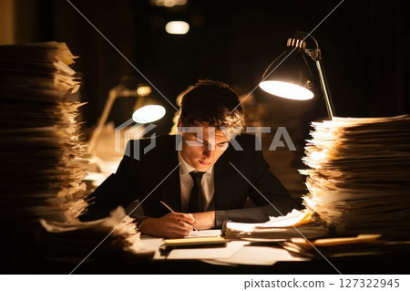 Businessman in Tie Working Late at Night Using Calculator Surrounded by Papers Businessman in Tie Working Late at Night Using Calculator Surrounded by Papers 127322945