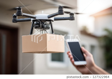 Drone Delivering Package to Doorstep with Hand Reaching for Mobile Phone in Background Drone Delivering Package to Doorstep with Hand Reaching for Mobile Phone in Background 127322964