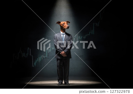 Confident Dog in Business Suit Standing under Spotlight with Financial Chart Background 127322978