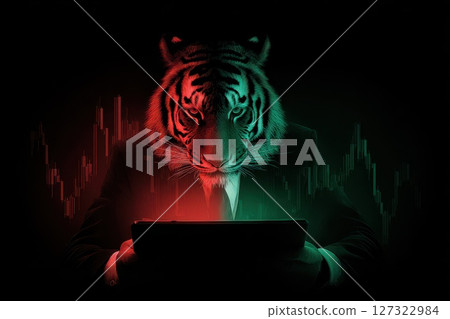 Humanoid Tiger in Formal Attire Gazing Intently at Technology with Financial Symbols Humanoid Tiger in Formal Attire Gazing Intently at Technology with Financial Symbols 127322984