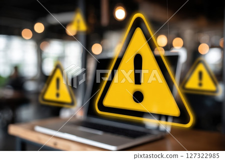 Dimly Lit Modern Office with Caution Symbols Floating Above a Laptop on a Wooden Desk Dimly Lit Modern Office with Caution Symbols Floating Above a Laptop on a Wooden Desk 127322985