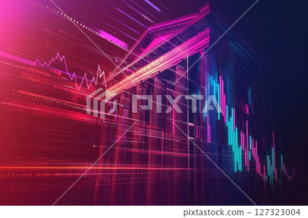 A colorful abstract image of a building with a stock market charts and graphs, futuristic, high-tech environment, financial and investment concept banner A colorful abstract image of a building with a stock market charts and graphs, futuristic, high-tech environment, financial and investment concept banner 127323004