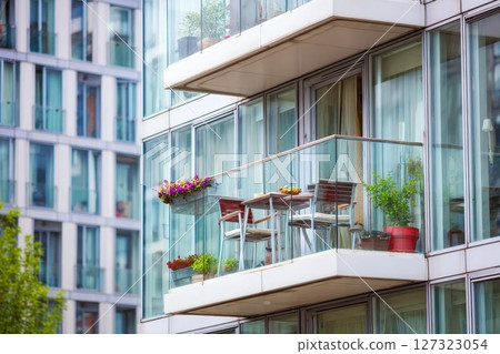 Modern White Balcony with Plants and Furniture in a Contemporary Residential Building 127323054