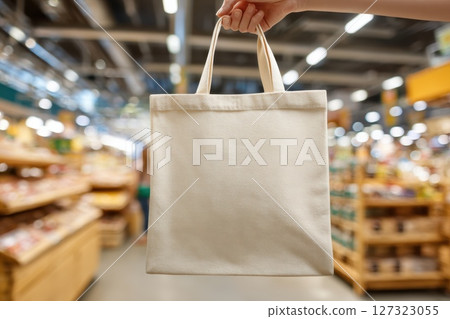 Close-Up of Hand Holding Reusable Shopping Bag in Vibrant Market Environment Close-Up of Hand Holding Reusable Shopping Bag in Vibrant Market Environment 127323055