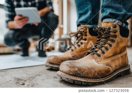 Two Workers in Construction Zone Wearing Boots with Focus on Footwear and Tools Nearby 127323056