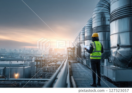 Engineer Overlooking Expansive Rooftop View with Industrial Structures at Sunset Engineer Overlooking Expansive Rooftop View with Industrial Structures at Sunset 127323057