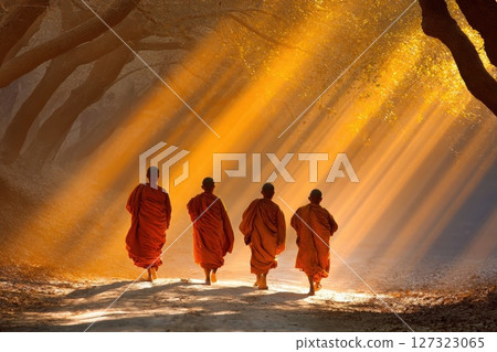 Monks Walking in Front of Temple Under Warm Sunlight with Rays of Light Streaming Through Trees Monks Walking in Front of Temple Under Warm Sunlight with Rays of Light Streaming Through Trees 127323065