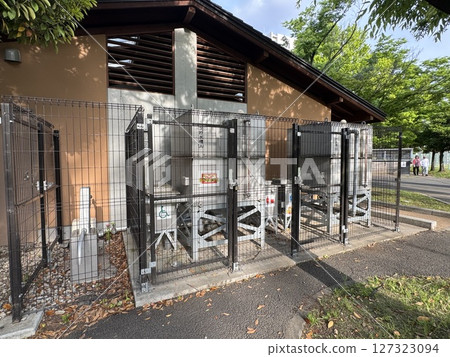 Emergency tank for disaster preparedness toilet in a park in Tokyo Emergency tank for disaster preparedness toilet in a park in Tokyo 127323094