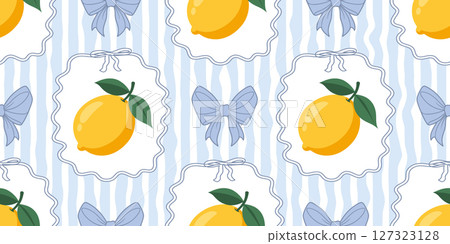 Seamless pattern with lemons and bows on blue wavy stripes. Summer repeating fruit pattern. Mediterranean coastal design background. 127323128