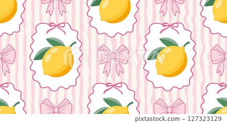 Seamless pattern with lemons and bows on pink wavy stripes. Summer repeating fruit pattern. Mediterranean coastal design background. 127323129
