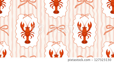 Seamless pattern with lobsters and bows on pink and white wavy stripes. Summer repeating seafood pattern. Mediterranean coastal background. 127323130