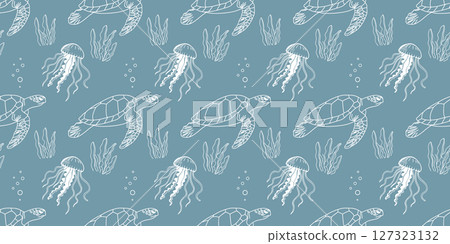 Seamless ocean life pattern with sea turtles, jellyfish and seaweed. Hand drawn marine elements on blue background for fabric, packaging. 127323132