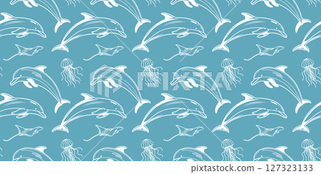 Seamless ocean life pattern with dolphins, jellyfish and rays. Hand drawn marine elements on blue background for fabric, packaging. Seamless ocean life pattern with dolphins, jellyfish and rays. Hand drawn marine elements on blue background for fabric, packaging. 127323133