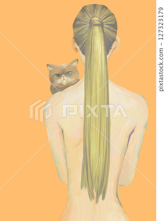 Illustration of a woman with a ponytail and a cat on her back Illustration of a woman with a ponytail and a cat on her back 127323179