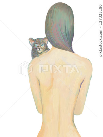 Illustration of a long-haired woman and a cat on her back Illustration of a long-haired woman and a cat on her back 127323180