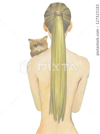 Illustration of a woman with a ponytail and a cat on her back Illustration of a woman with a ponytail and a cat on her back 127323183
