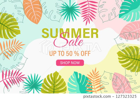 Summer sale banner with tropical leaves. Seasonal discounts. Vector illustration. 127323325