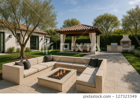 Modern Spanish backyard with cabana, barbecue, fire pit, and olive tree 127323349